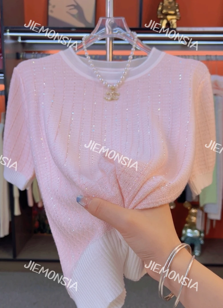 【小云总专享】春夏新款蕾丝镶钻圆领针织衫女气质显瘦百搭短袖女