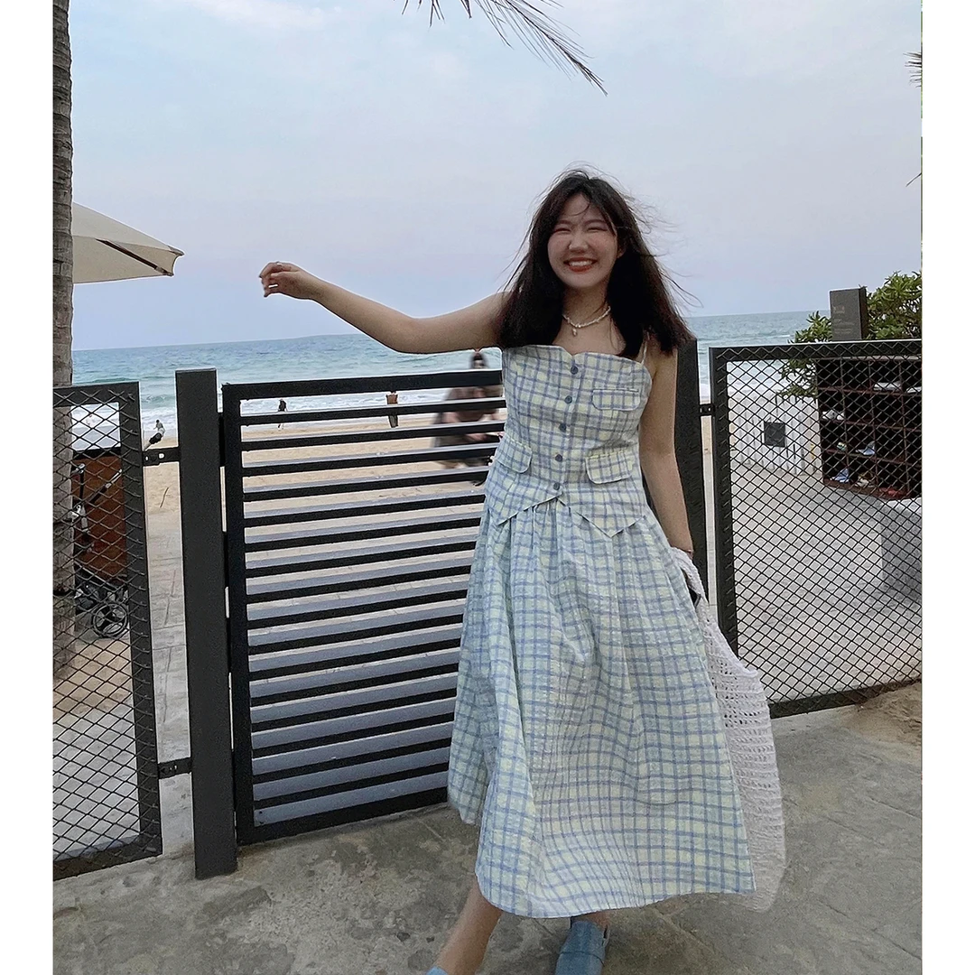白标~缪夏约定~假两件格子吊带连衣裙气质收腰复古夏天仙女裙