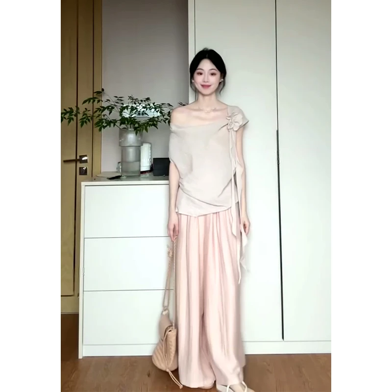2025夏季新款女法式气质荡领修身短袖上衣设计感高腰显瘦阔腿长裤