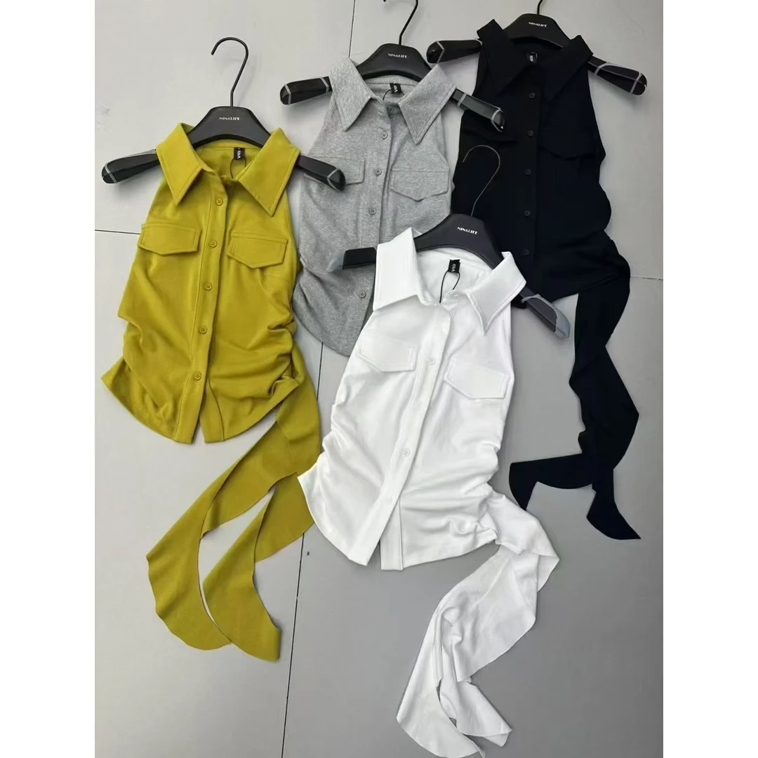 2025夏季新款韩版翻领无袖单排扣修身显瘦百搭个性飘带背心上衣