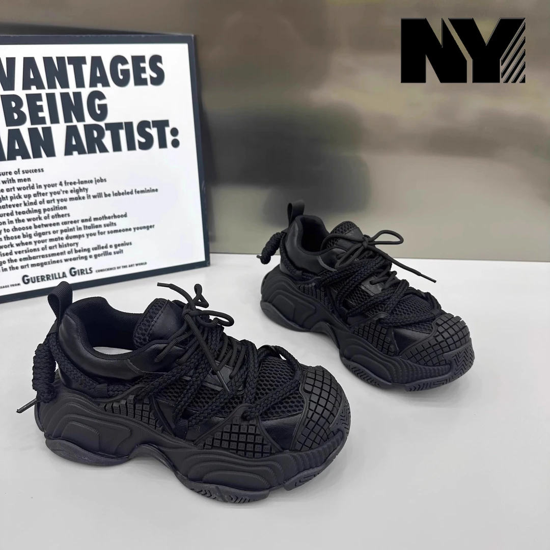 NY欧货时尚老爹鞋女2025秋季新款女鞋厚底网面休闲百搭圆头绑带鞋