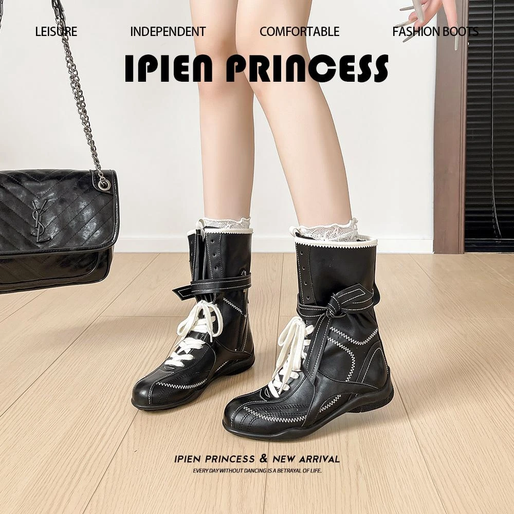 复古拳击靴女2025秋冬新款英伦风女款网红款百搭靴子西部牛仔女靴