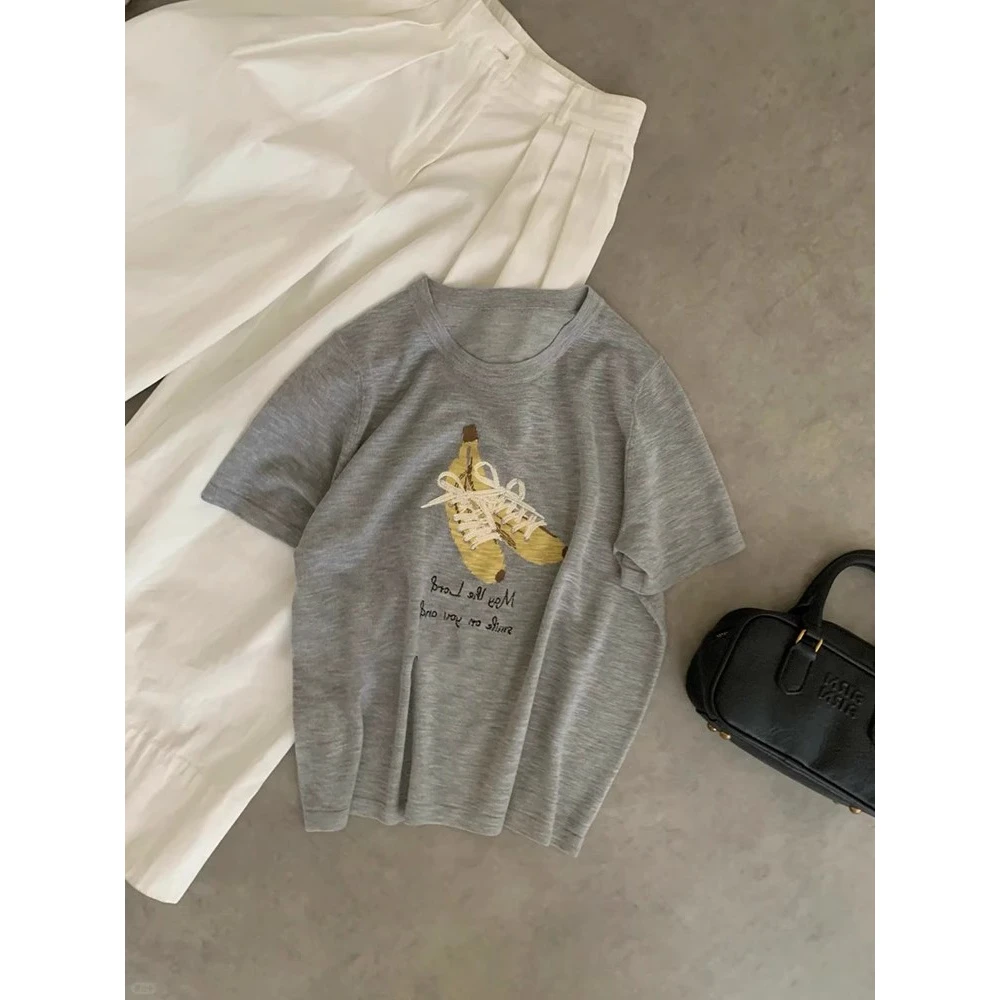 真心舒服！洋气灰色香蕉短袖T恤女2025年夏季新款复古独特别致上衣