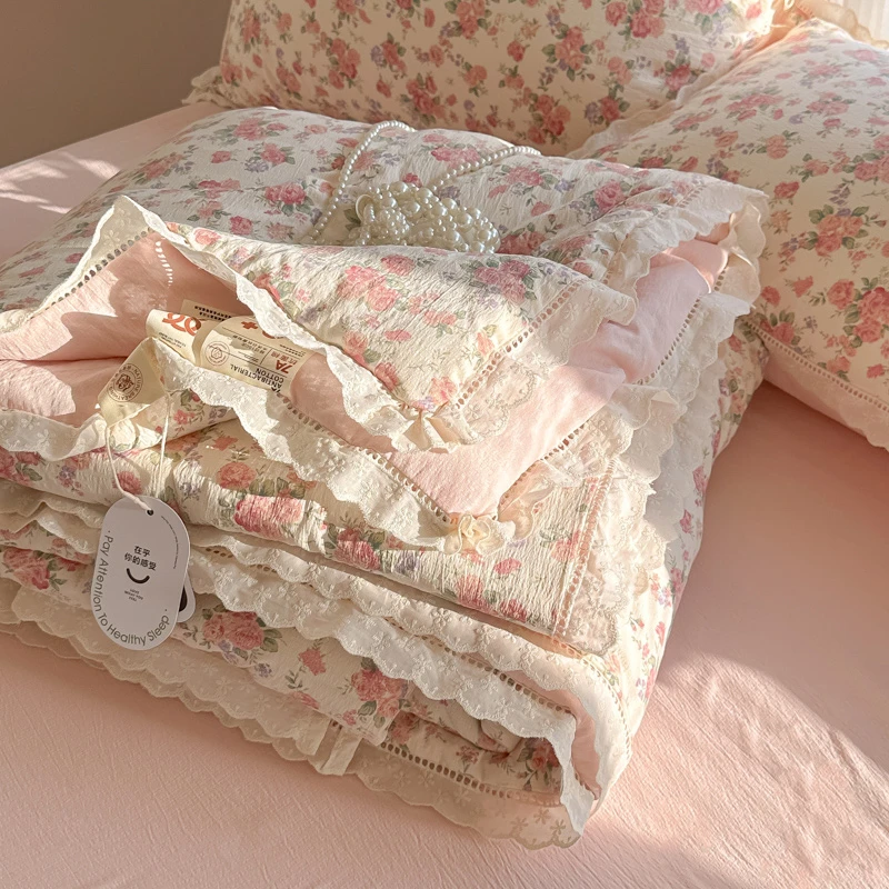 A类蕾丝花边小碎花双层纱夏被空调被可机洗夏凉被午睡宿舍薄被子