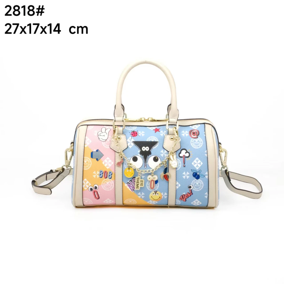 大眼睛卡通拼色卡通图案清新百搭手提枕头包斜挎包