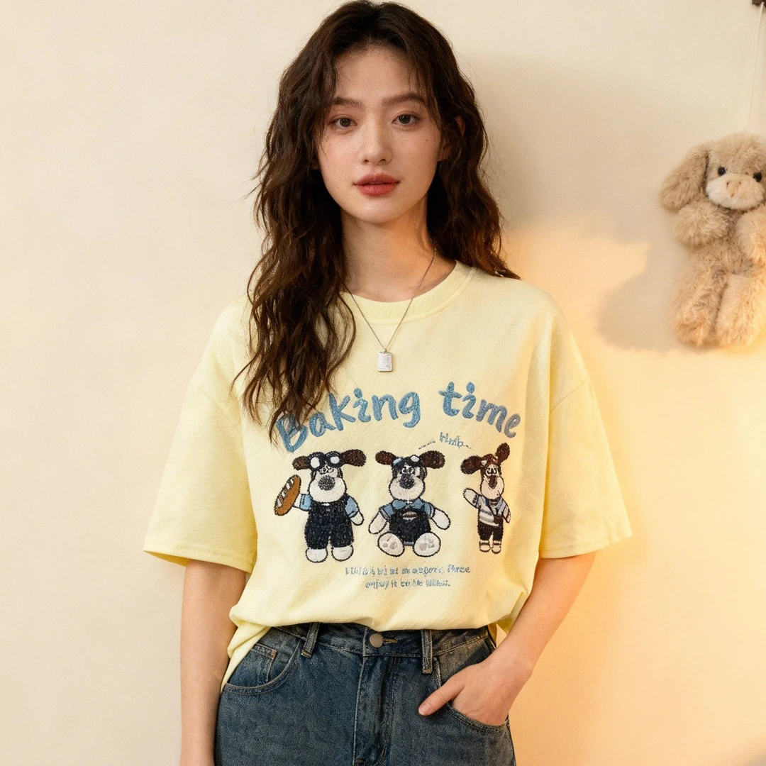 通勤短袖刺绣T恤尼采趣味小狗t恤宽松学生时尚百搭独特漂亮小衫女