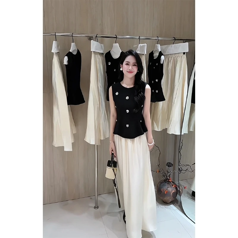 高级感排扣无袖背心上衣女2025夏季新款高腰气质显瘦休闲半身裙子