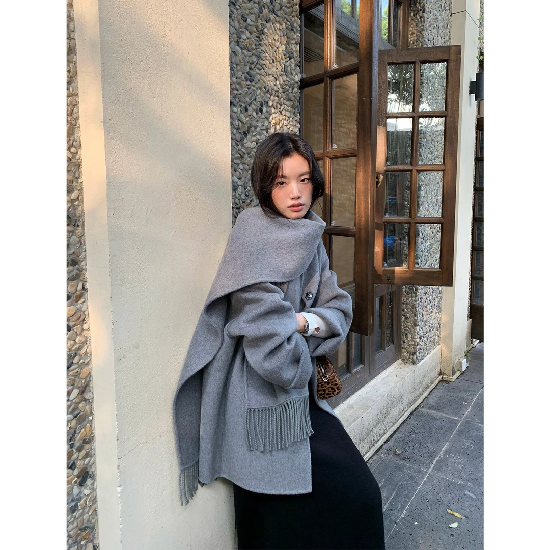 pusumede带围巾羊毛双面呢韩系圆领毛呢外套女设计感小众气质上衣
