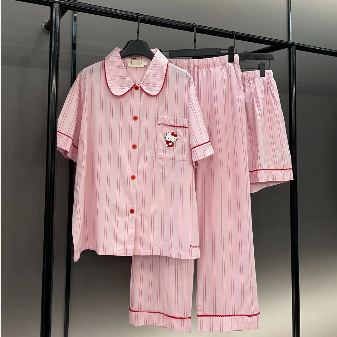 【甜美kitty-短袖三件套】 夏款潮牌短袖薄棉质居家服睡衣