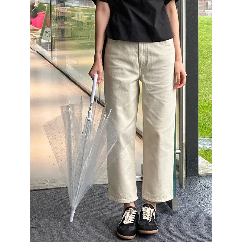 LANGQING 白色直筒高腰九分夏季宽松休闲百搭阔腿牛仔裤41824#