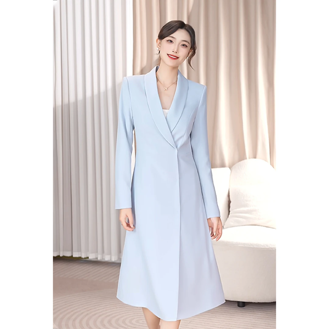 蓝色职业女连衣裙长袖西装领女神气质演讲主持团建聚会时尚年轻
