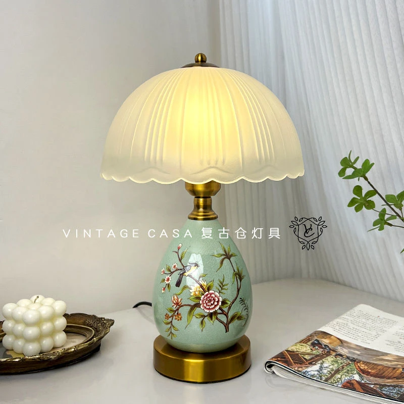 陶瓷卧室床头台灯灯罩圆形新中式复古装饰客厅书房氛围感小台灯