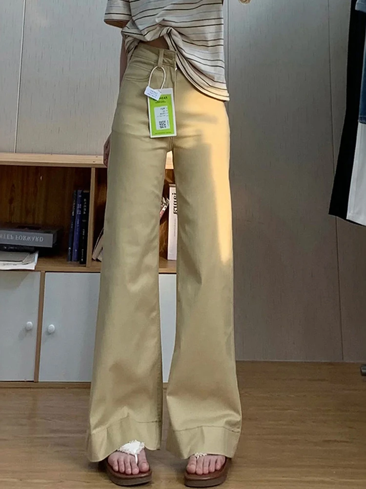 卡其色弹力牛仔裤女大码秋季新款高腰梨形身材显瘦宽松休闲拖地裤