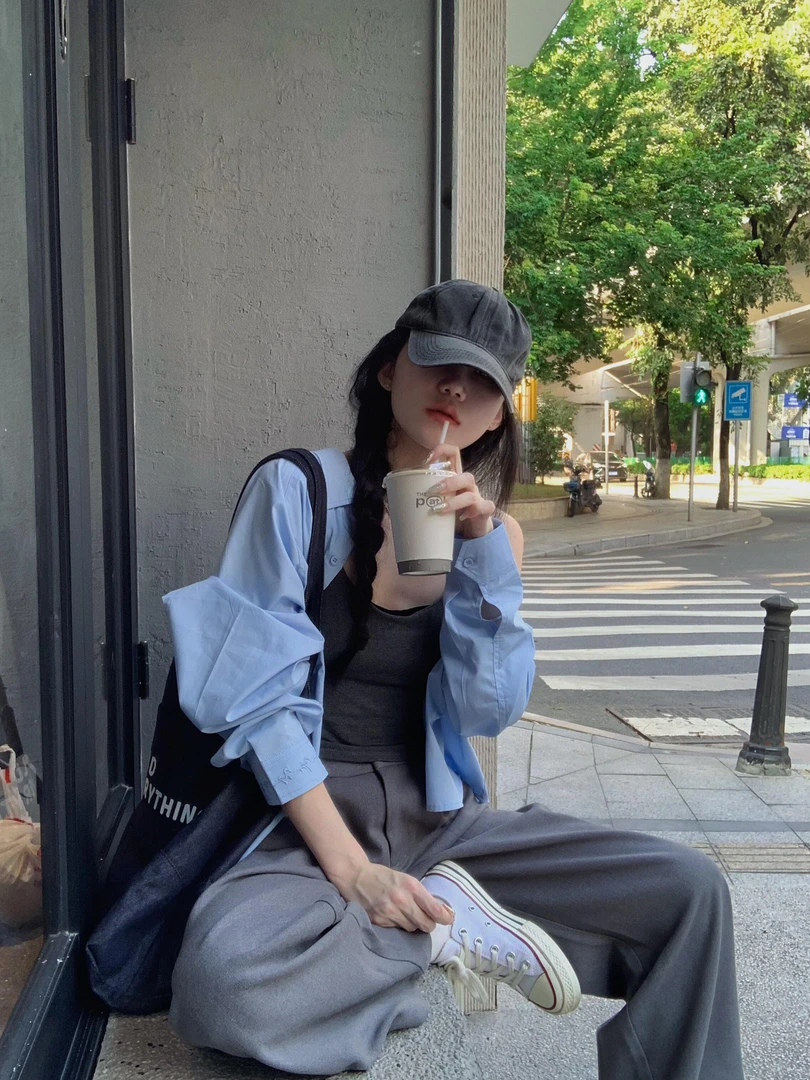 【蓝语】早春气质蓝色衬衫开衫外套灰色吊带灰色休闲西装裤两件套装