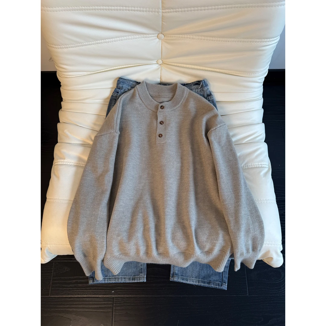 花灰色复古亨利领毛衣男冬季高级感美式慵懒风cleanfit内搭针织衫