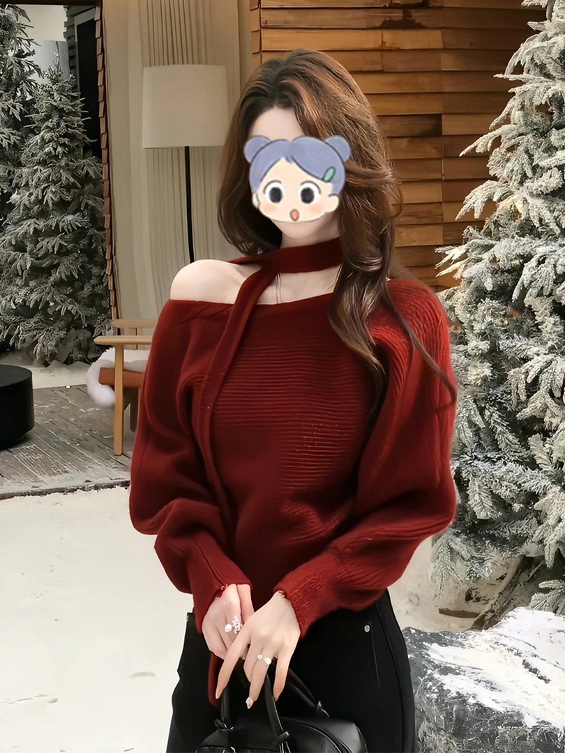 红色一字肩针织衫上衣女2025秋冬季新款设计感减龄新年红飘带毛衣