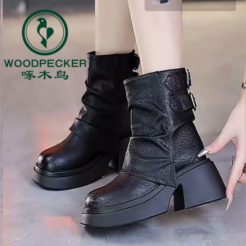 啄木鸟新款时尚松糕厚底马丁靴百搭皮靴显瘦中筒靴堆堆裤管靴女鞋