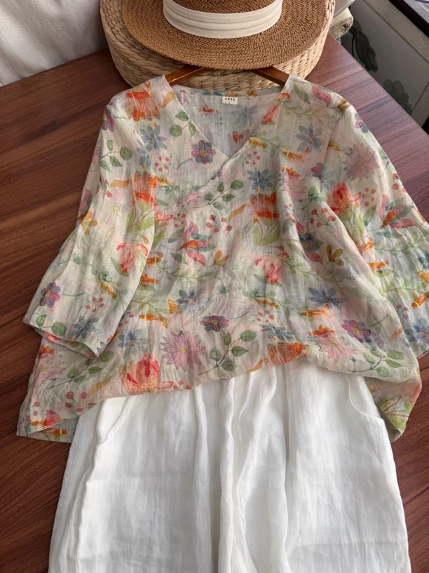 纯苎麻碎花T女夏中袖上衣夏季国风碎花背心中袖衬衫上衣c27