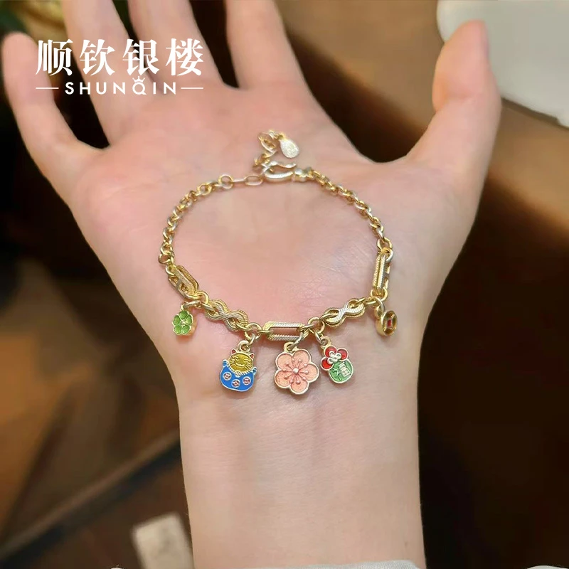 顺钦银楼 足银珐琅手链 【财财猫手链】999时尚设计感招财猫手链