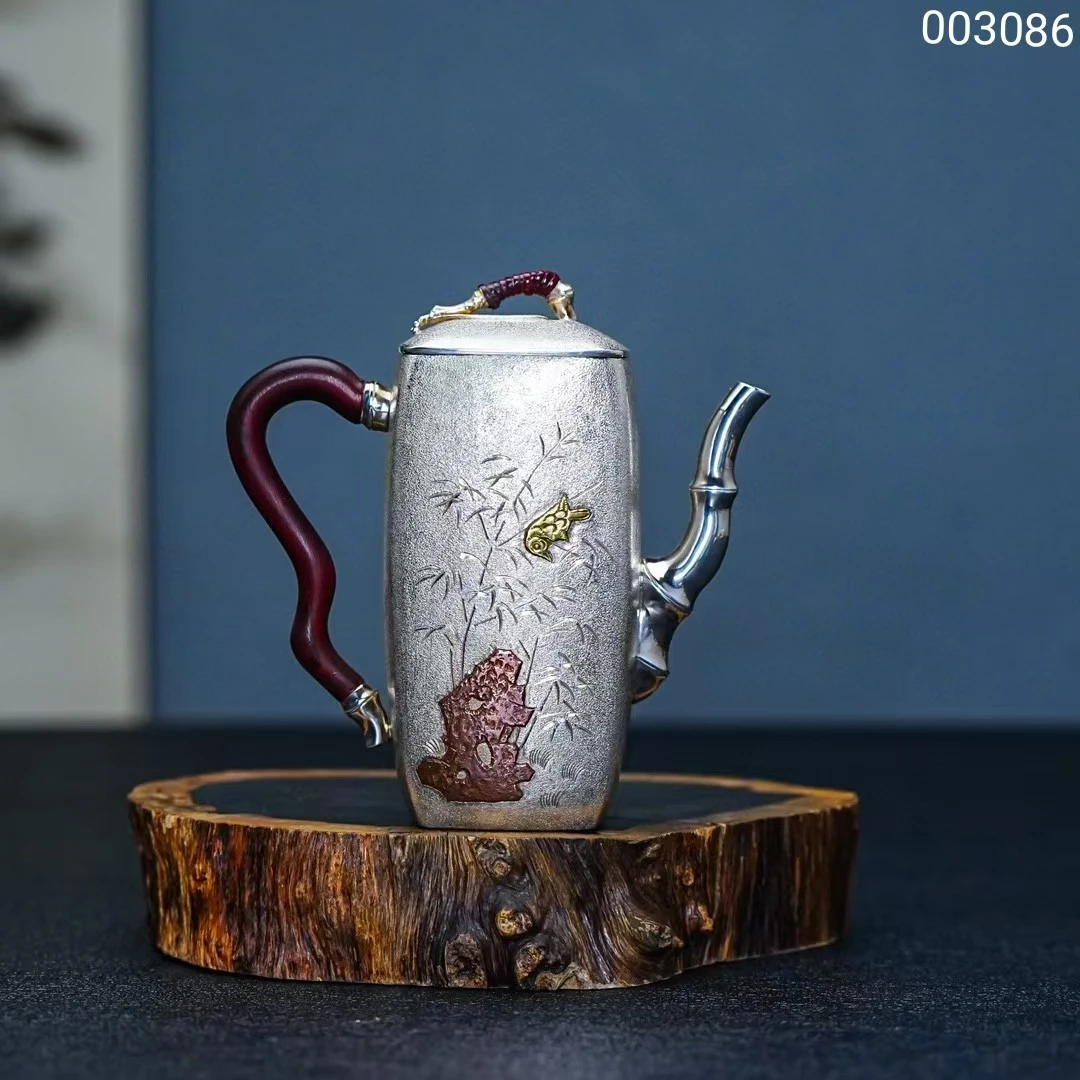 纯手工錾刻四方竹报平安泡茶壶家用银壶足银999银茶具