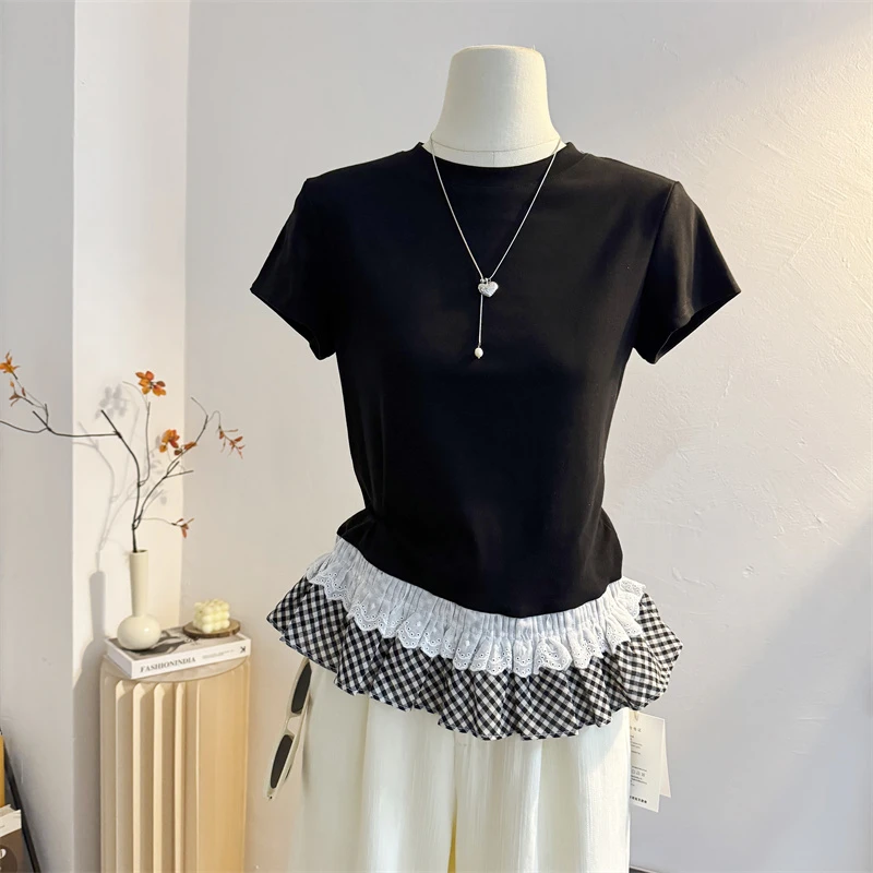 下摆拼接花边圆领短袖T恤女夏设计感小众修身显瘦假两件韩系上衣