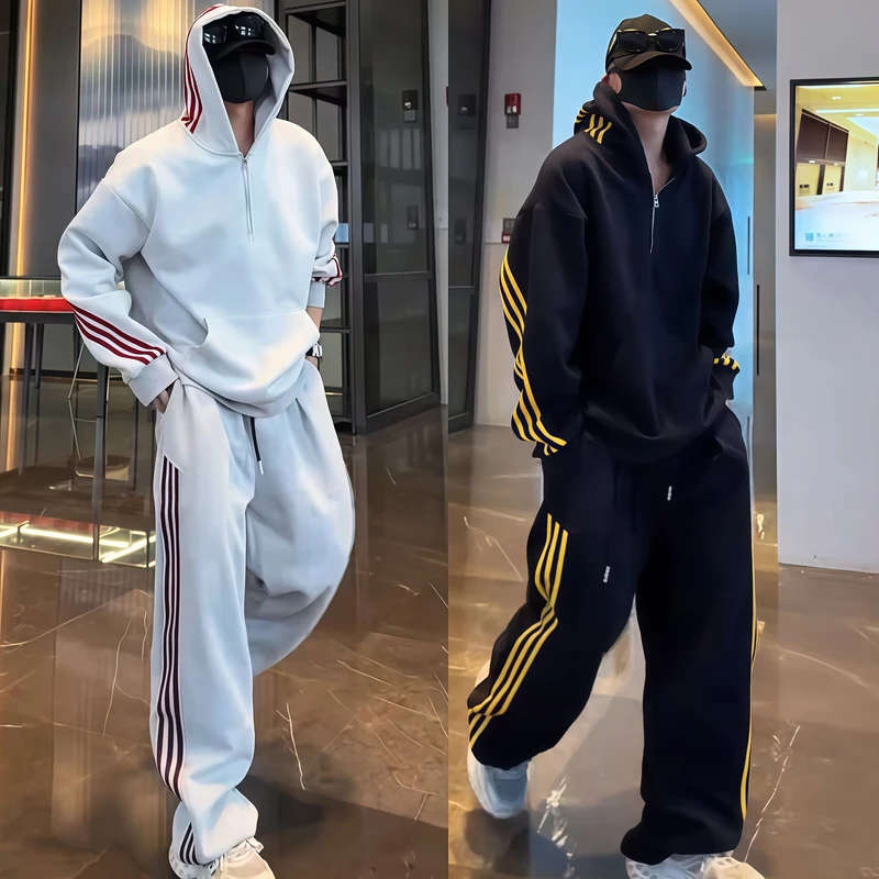 秋冬款男士美式三道杠撞色宽松休闲运动套装连帽卫衣休闲裤两件套