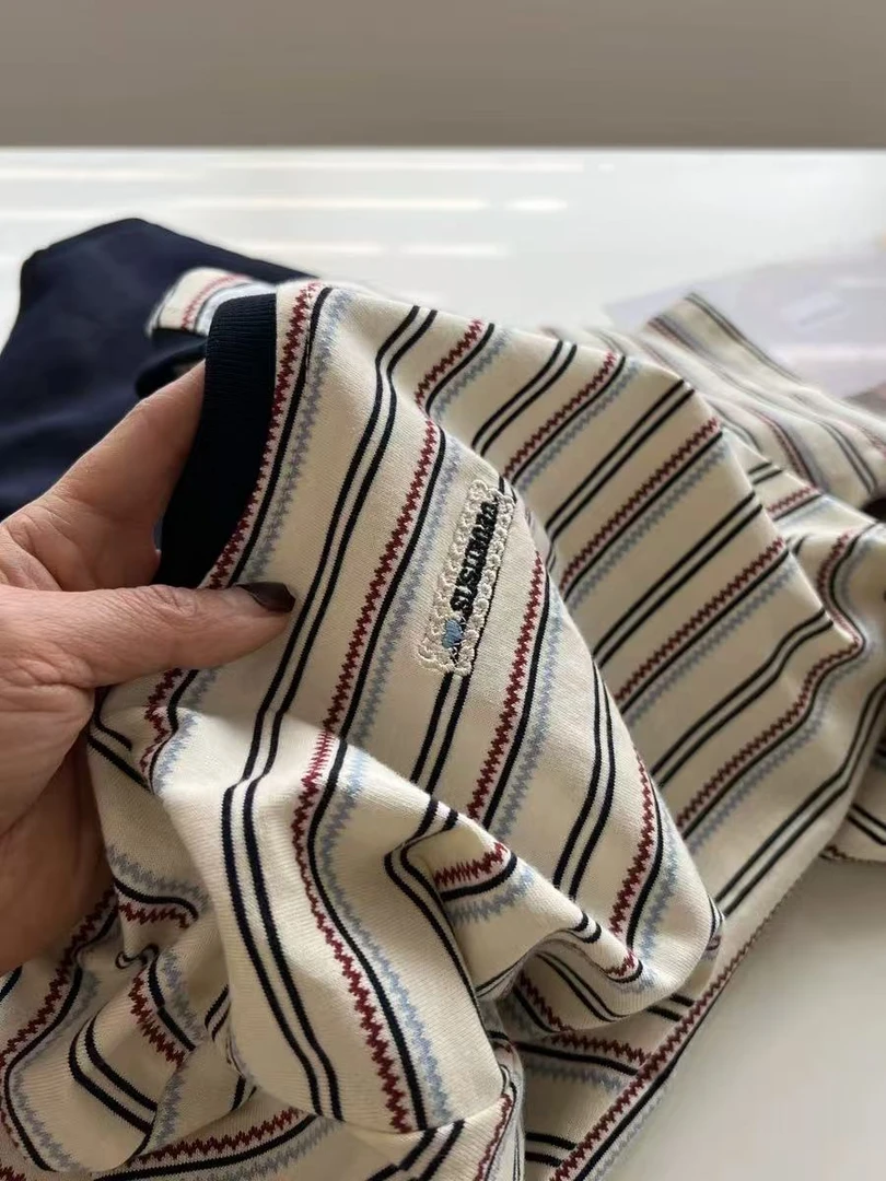 韩系洋气「字母刺绣·波浪纹提花」条纹短袖女温柔百搭减龄撞色25061