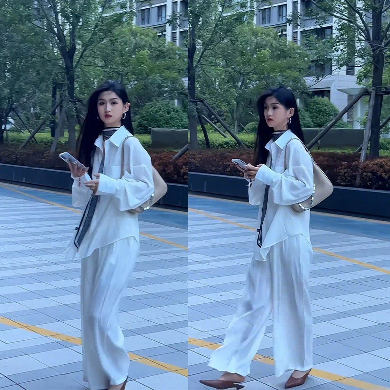 时尚通勤早秋套装气质网红炸街宽松长袖衬衫阔腿裤休闲两件套装