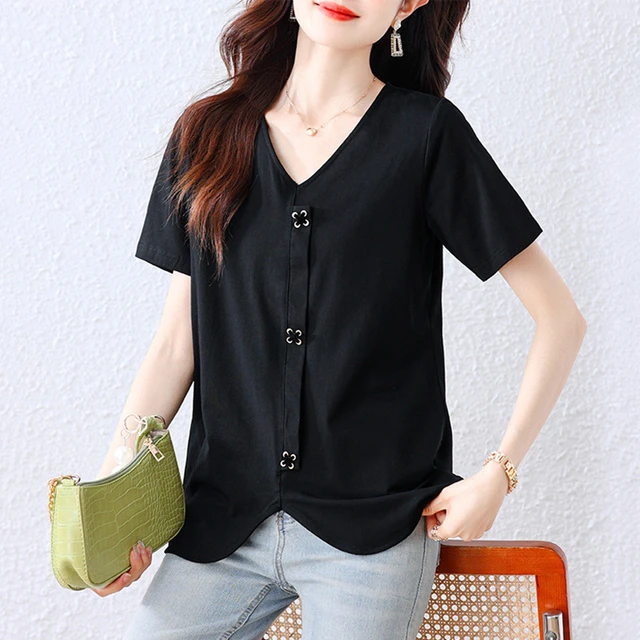 爆款时尚短袖t恤女士夏季2025年春秋新款妈妈大码v领显瘦体桖上衣