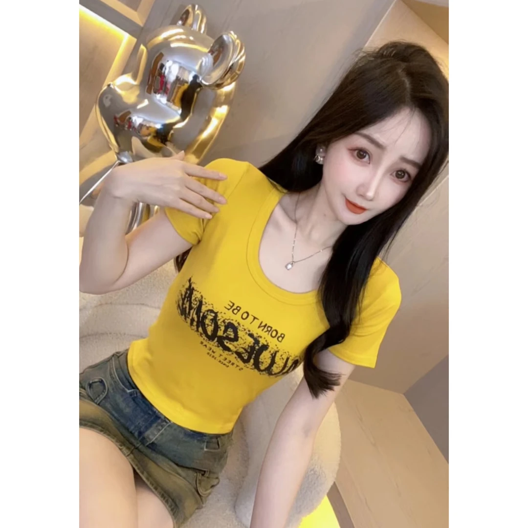 【小伊376网格字母】短袖T恤女款修身2025夏季百搭设计感短款