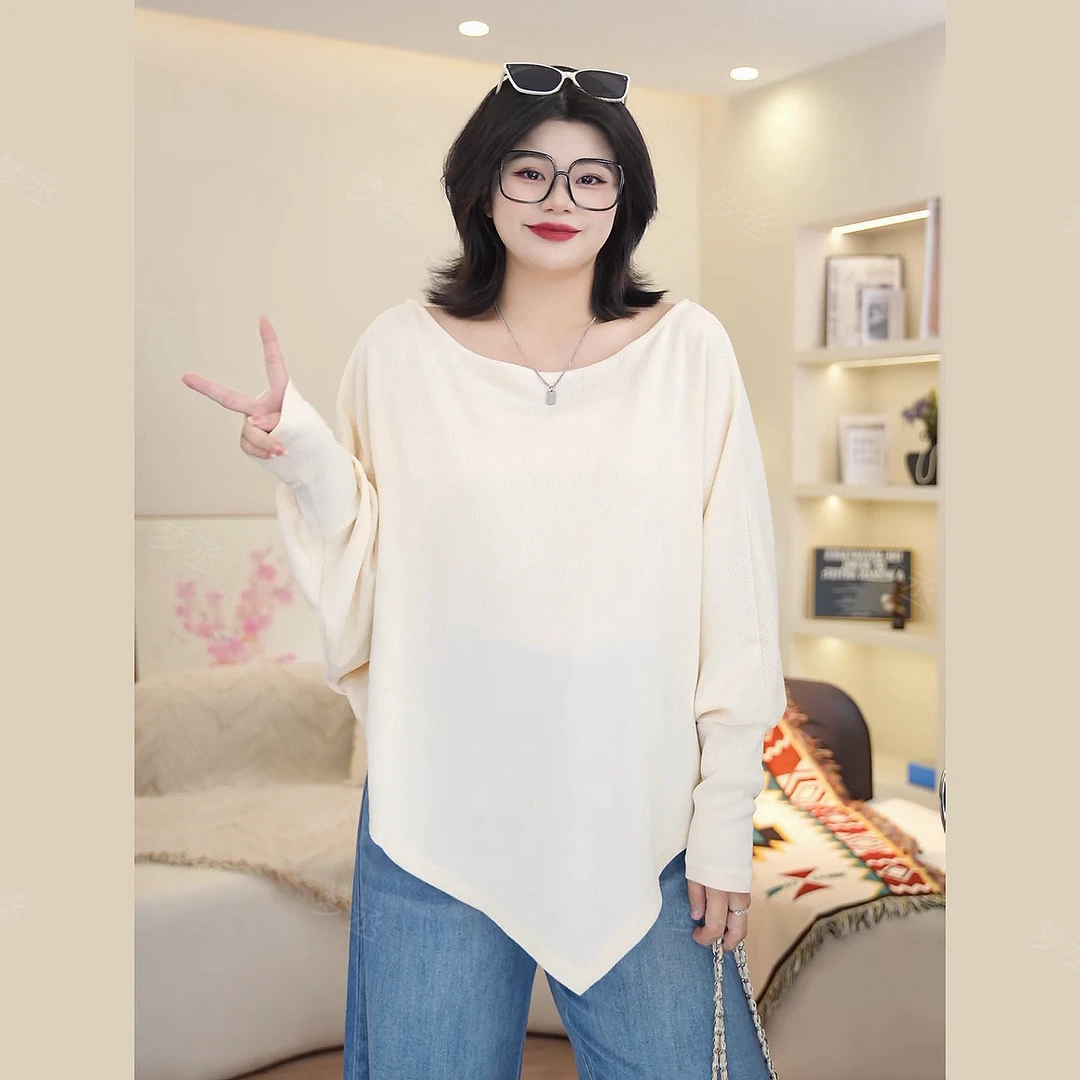 梦丞-宽松秋冬慵懒风斜肩大码女装蝙蝠袖百搭显瘦长袖针织衫上衣