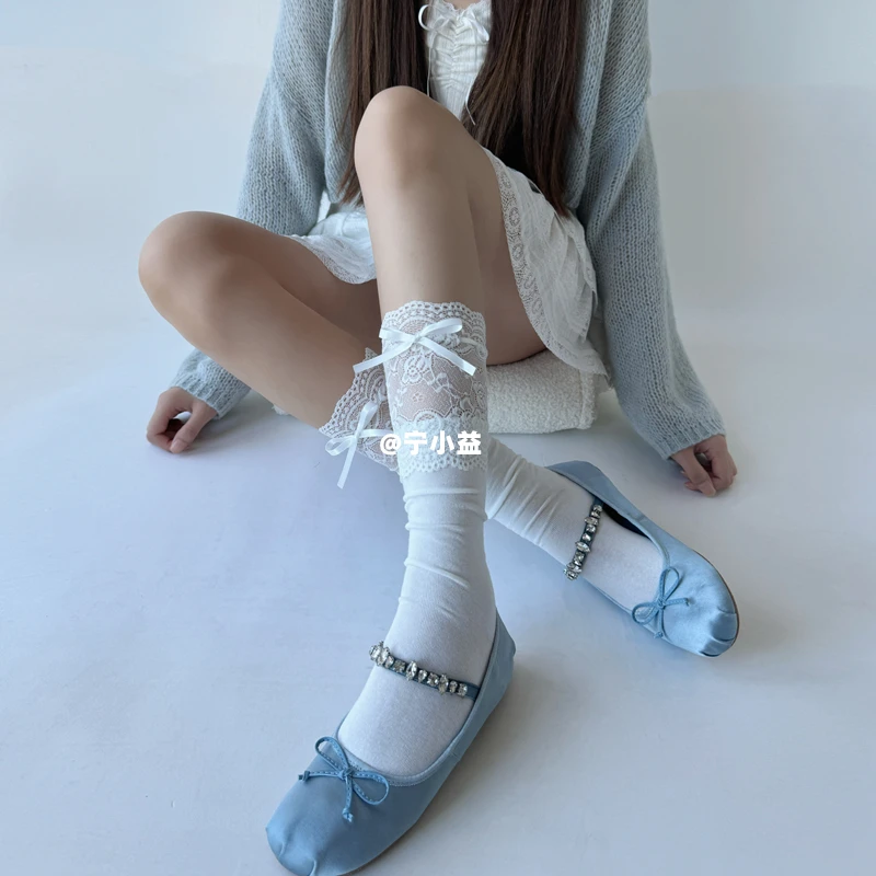 宁小益芭蕾风蕾丝花边袜子女夏季薄款春秋系丝带中筒棉袜jk堆堆袜