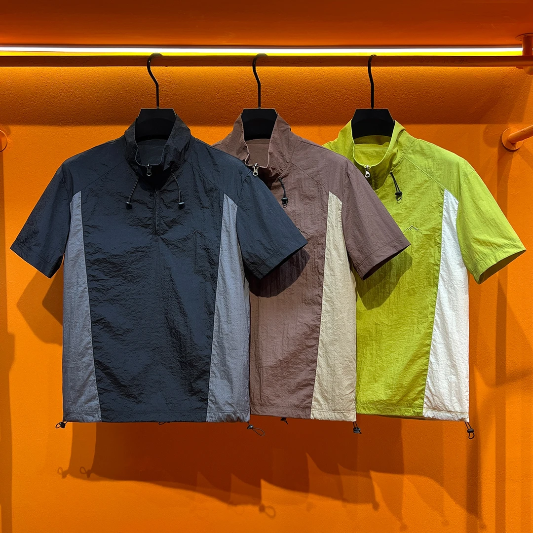 美式半拉链polo衫男短袖t恤夏季冰丝户外轻薄休闲机能风工装衬衫