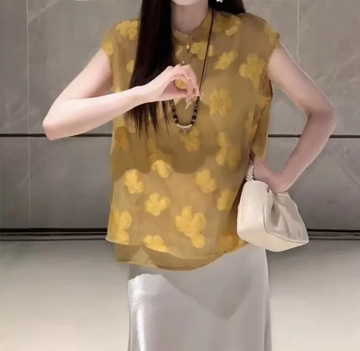 中式遮肉女装国风盘扣设计复古欧根纱提花