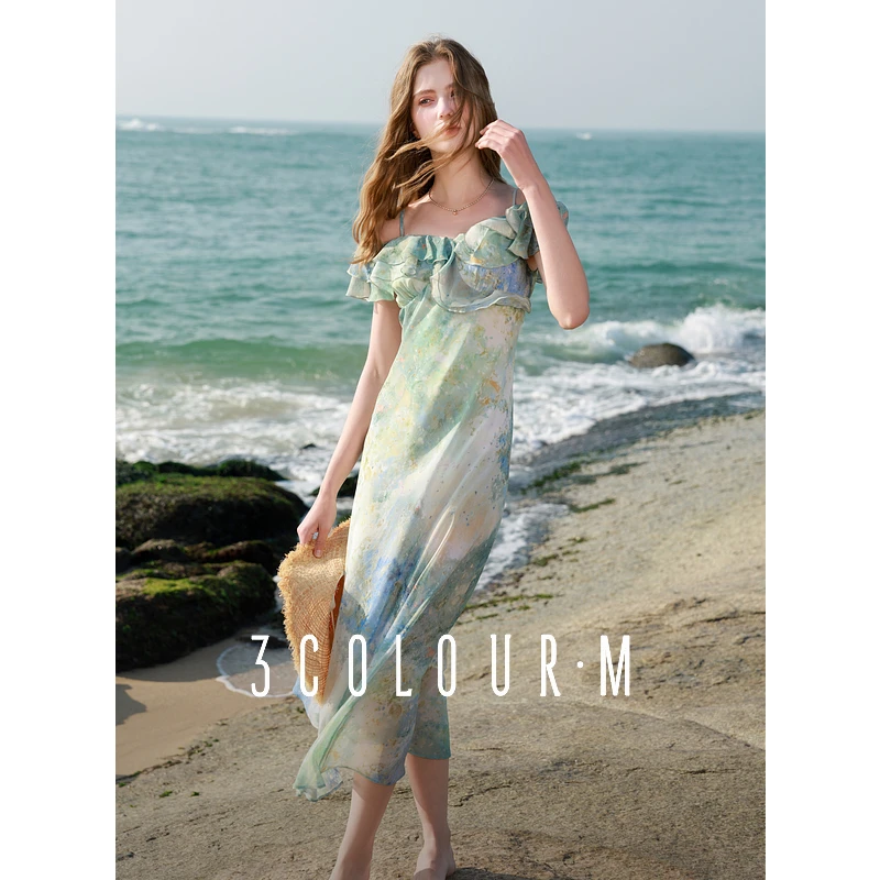 三彩2025夏季新款雪纺印花连衣裙短袖荷叶边一字肩露肩度假风女M
