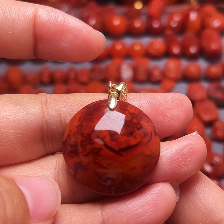 南红玛瑙银S925镶嵌配饰火焰纹无字牌挂件27mm