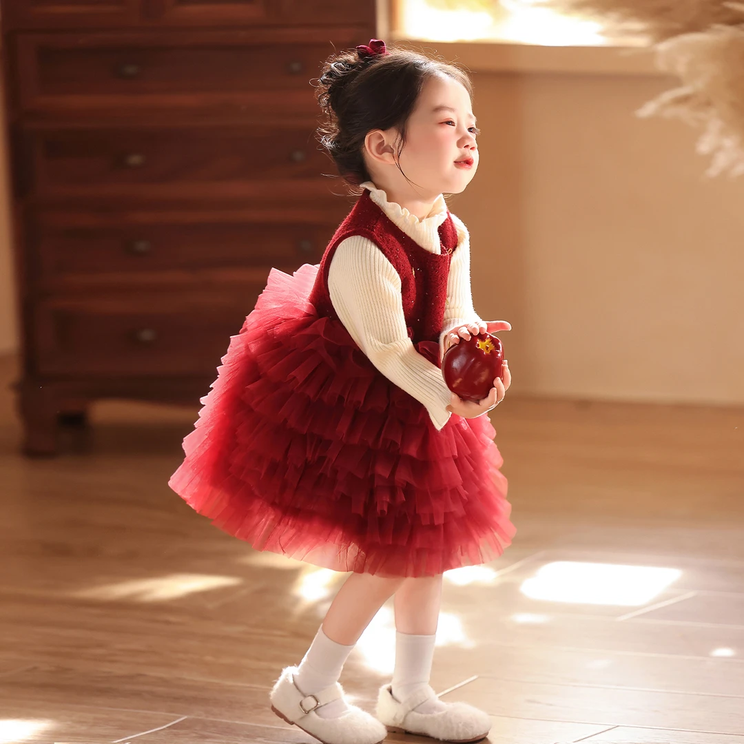 公主裙女童冬拜年服套装生日宴红色周岁女宝蛋糕裙新年儿童背心裙