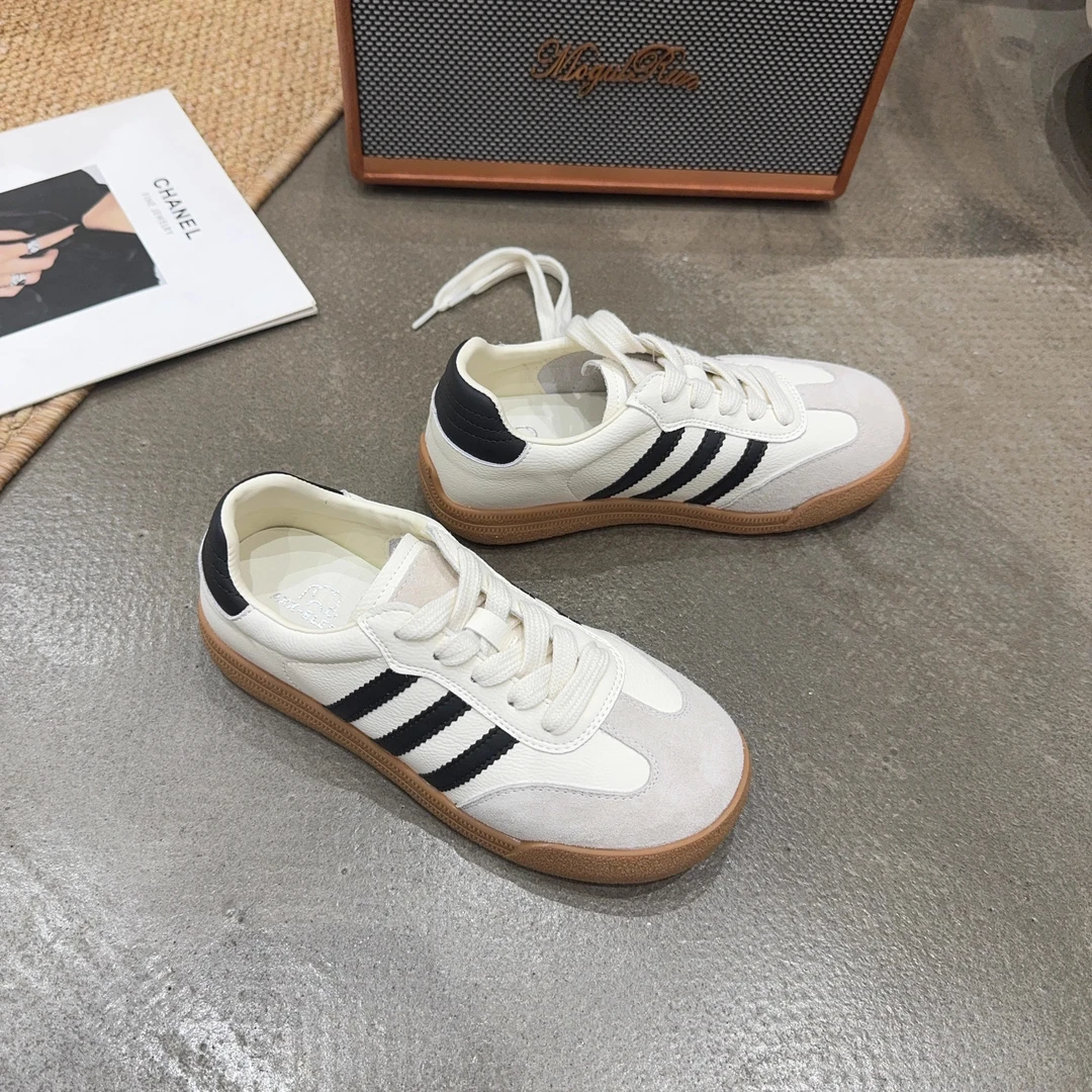 9970 夏季新品女真皮软底舒适百搭德训板鞋系带三杠休闲鞋轻盈鞋