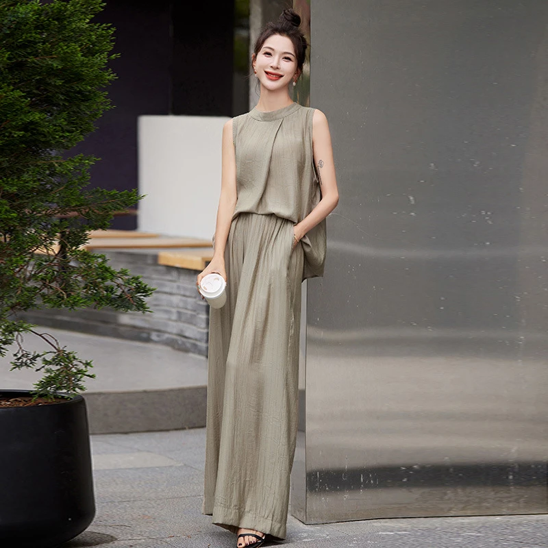 时尚休闲套装女夏季慵懒风减龄洋气无袖衬衫高腰阔腿裤垂感两件套