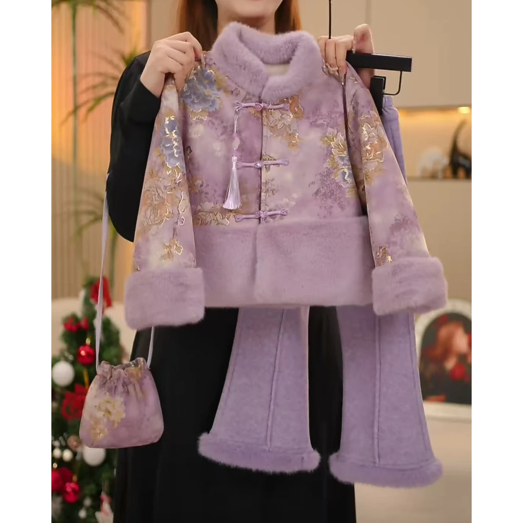 女童拜年服中国风套装2024新款冬季衣服儿童加绒加厚中式两件套潮