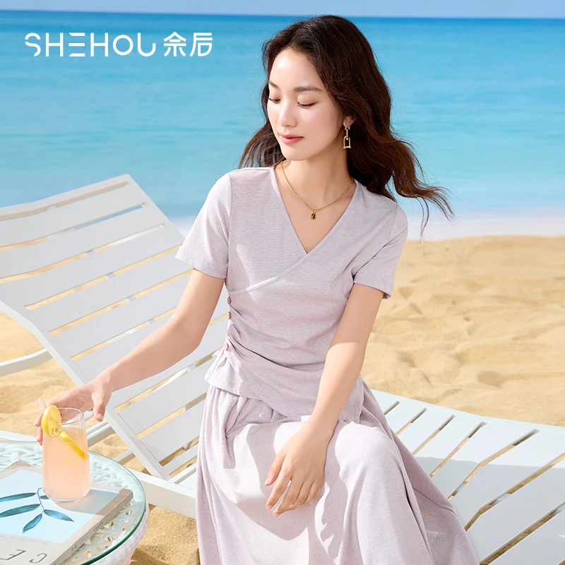 【陆仙人专属】2025夏装复古优雅风浪漫度假风交叉T恤+半身长裙套装