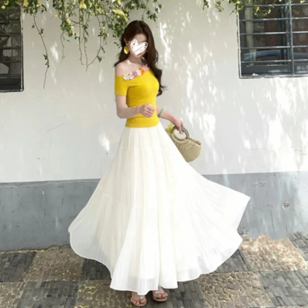 黄色立体花朵斜肩露肩针织衫T恤设计感漂亮上衣半身裙两件套A1310