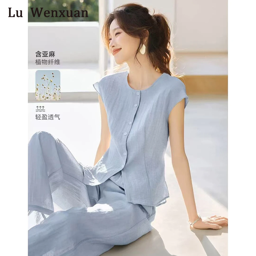 璐雯璇高级感亚麻套装女夏季两件套松弛感收腰显瘦阔腿裤舒适套装