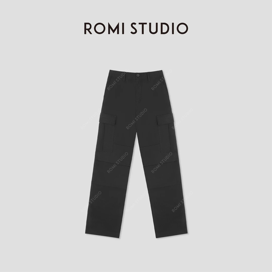 ROMI STUDIO网格肌理宽松剪裁 | 黑色全棉经典工装裤 RW24WXG1261