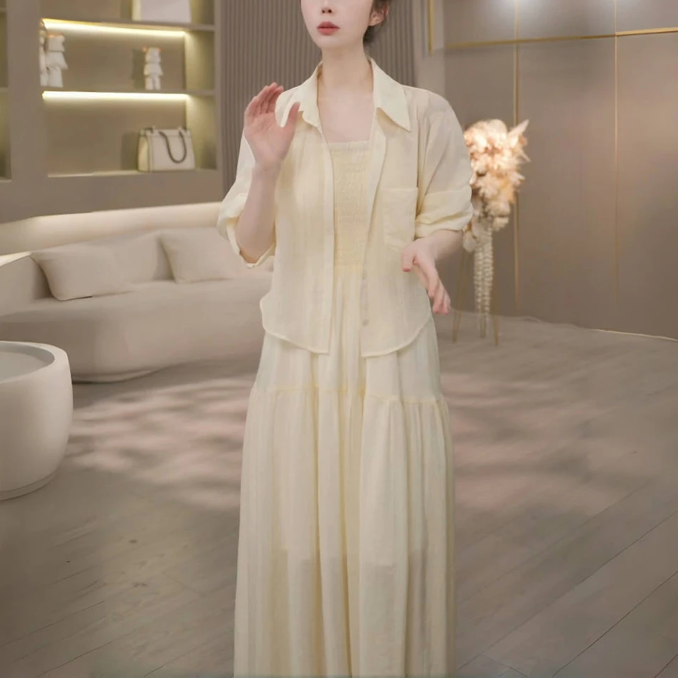 时尚显瘦薄款防晒2025夏季新款小个子衬衫上衣+吊带连衣裙两件套