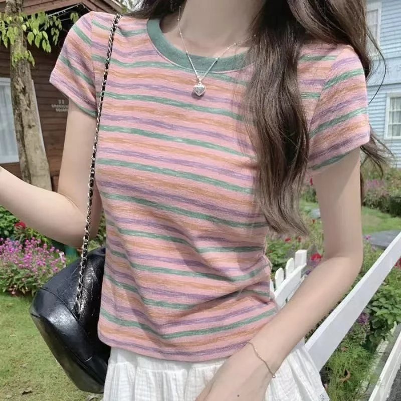2025新款粉色条纹正肩短袖t恤女夏季欧货高级感修身短款体恤
