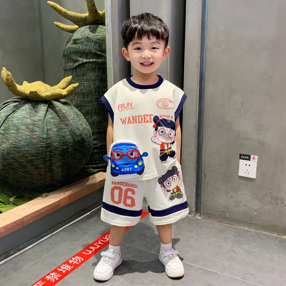 哪吒男童夏季背心套装2025新款儿童洋气小男孩时髦卡通衣服两件套