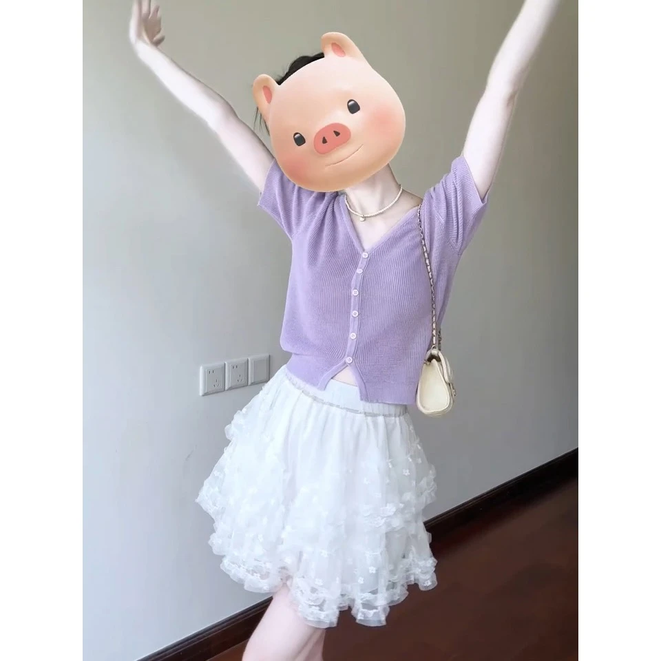 韩系简约紫色V领短袖针织开衫女夏季薄款上衣半身裙小个子两件套