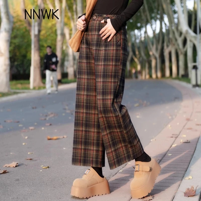 羊毛呢秋冬款格子阔腿裤女2025年流行网红女裤高腰加厚九分直筒裤