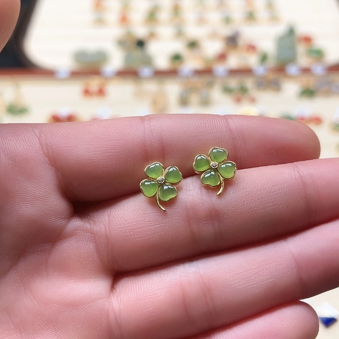 和田玉耳饰银S925镶嵌